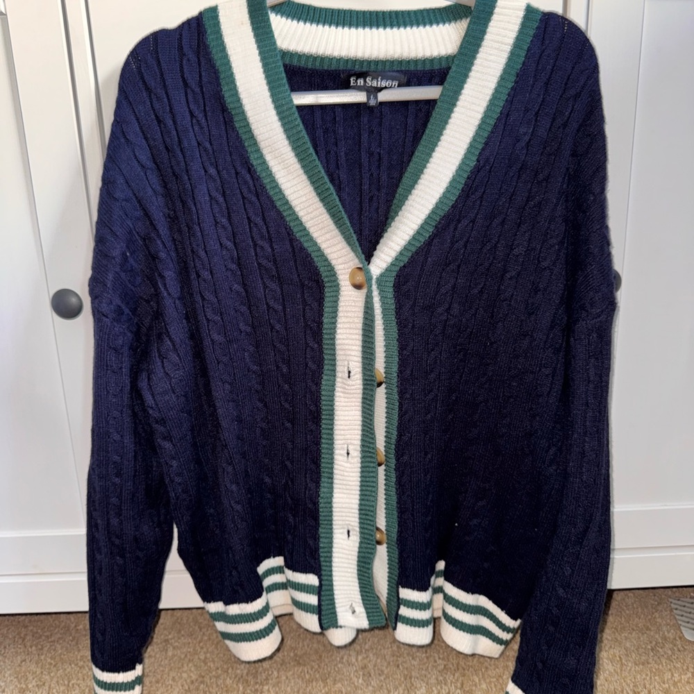 En Saison Navy Cardigan with Green and White Trim
